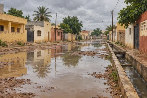 Illustration générée par IA : rue inondée au Sénégal, eaux stagnantes et caniveau après de fortes pluies.