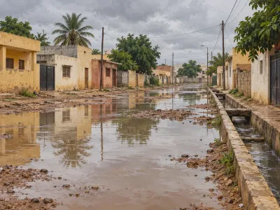 Illustration générée par IA : rue inondée au Sénégal, eaux stagnantes et caniveau après de fortes pluies.