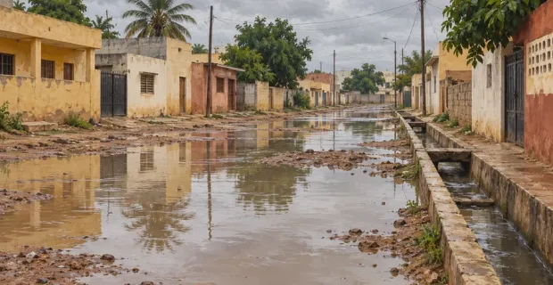 Illustration générée par IA : rue inondée au Sénégal, eaux stagnantes et caniveau après de fortes pluies.
