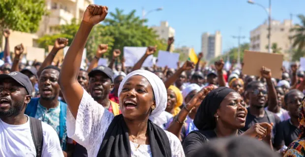 Image d’illustration générée par IA : foule de manifestants dans une rue ensoleillée.