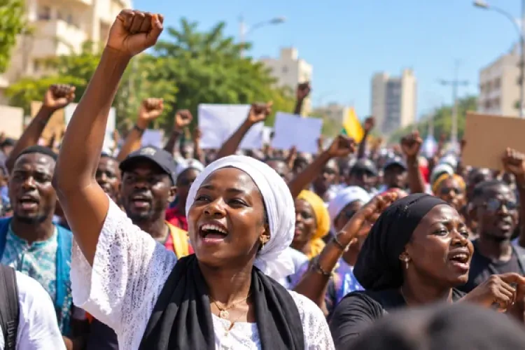 Image d’illustration générée par IA : foule de manifestants dans une rue ensoleillée.